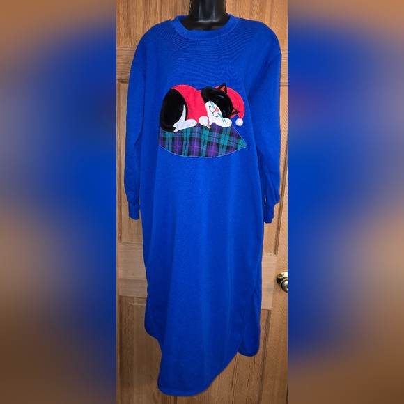 90s Cozy Blue Cat Pajama Dress - Picture 1 of 5